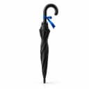 A black umbrella standing upright with a blue ribbon tied around its handle